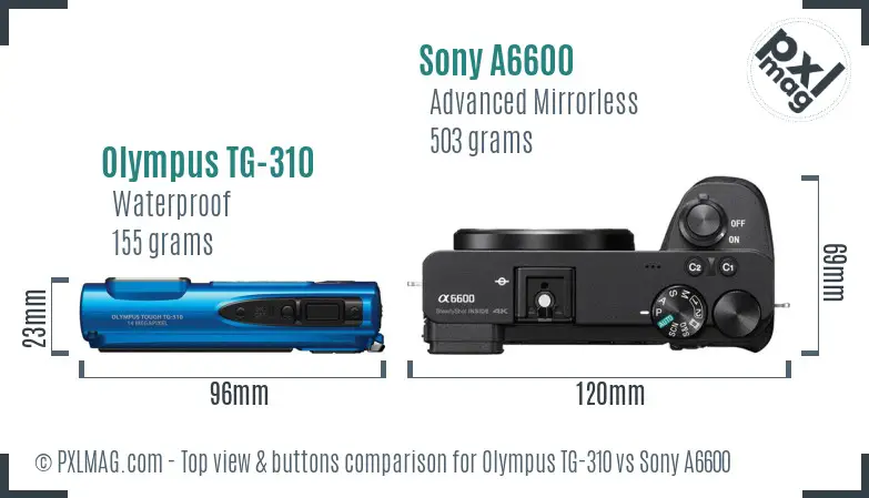 Olympus TG-310 vs Sony A6600 top view buttons comparison