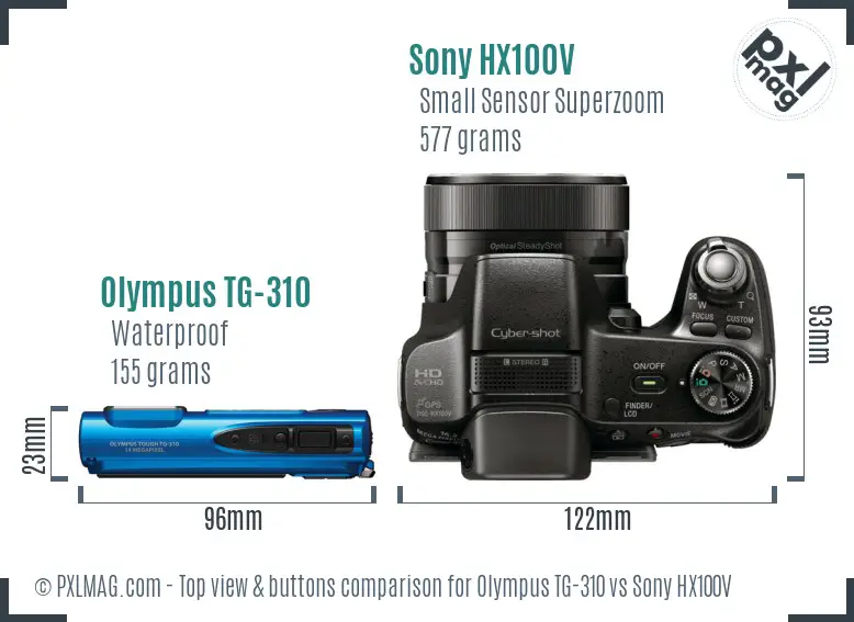 Olympus TG-310 vs Sony HX100V top view buttons comparison