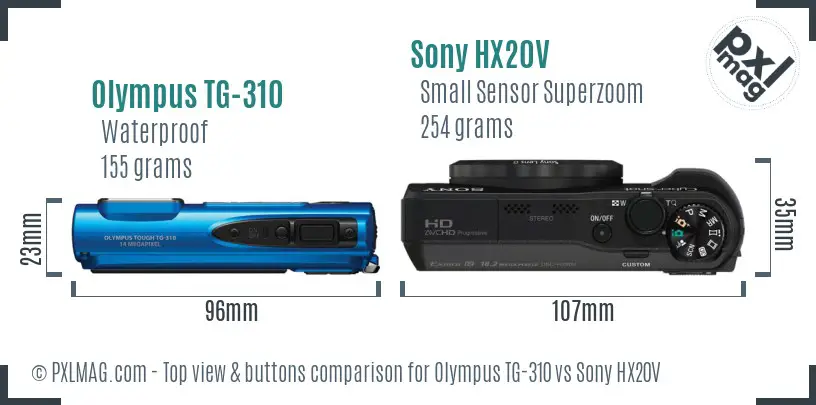 Olympus TG-310 vs Sony HX20V top view buttons comparison