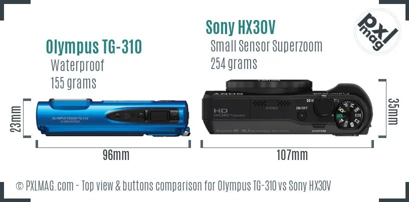 Olympus TG-310 vs Sony HX30V top view buttons comparison