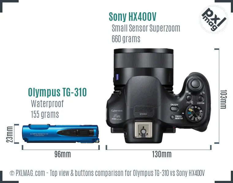 Olympus TG-310 vs Sony HX400V top view buttons comparison
