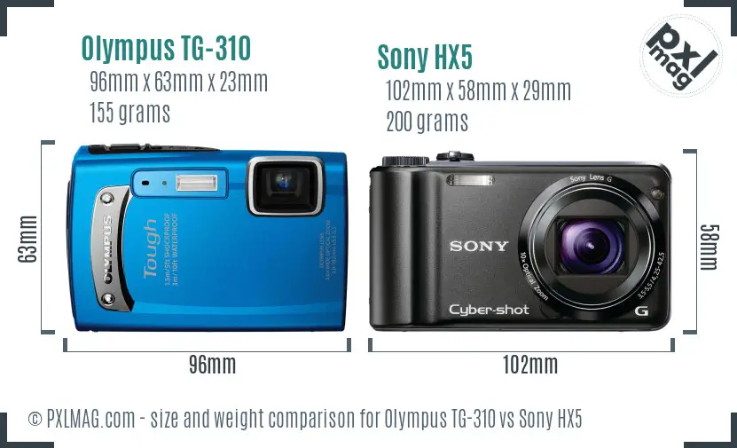 Olympus TG-310 vs Sony HX5 size comparison