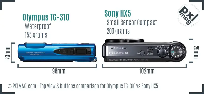 Olympus TG-310 vs Sony HX5 top view buttons comparison