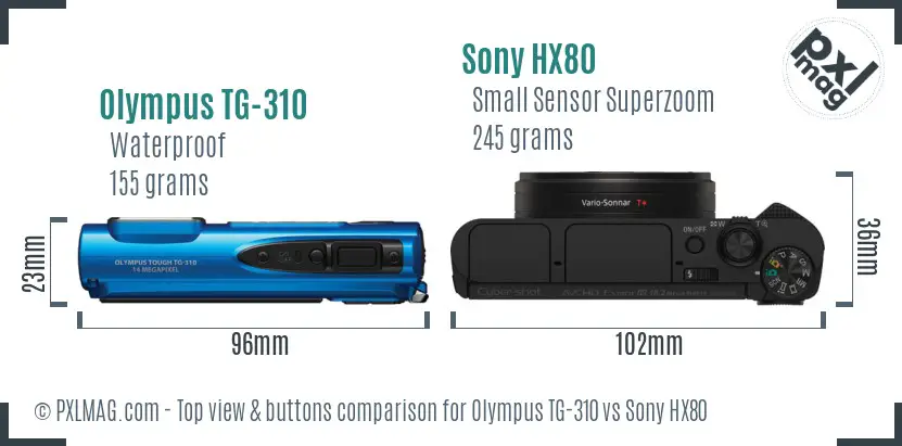 Olympus TG-310 vs Sony HX80 top view buttons comparison