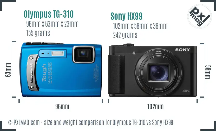 Olympus TG-310 vs Sony HX99 size comparison