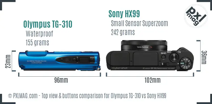 Olympus TG-310 vs Sony HX99 top view buttons comparison