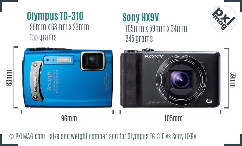Olympus TG-310 vs Sony HX9V size comparison