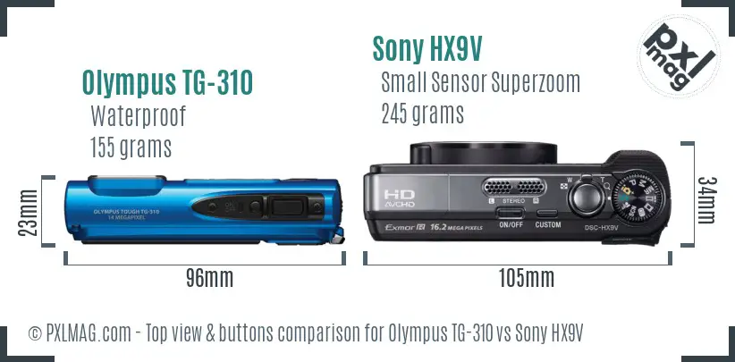 Olympus TG-310 vs Sony HX9V top view buttons comparison