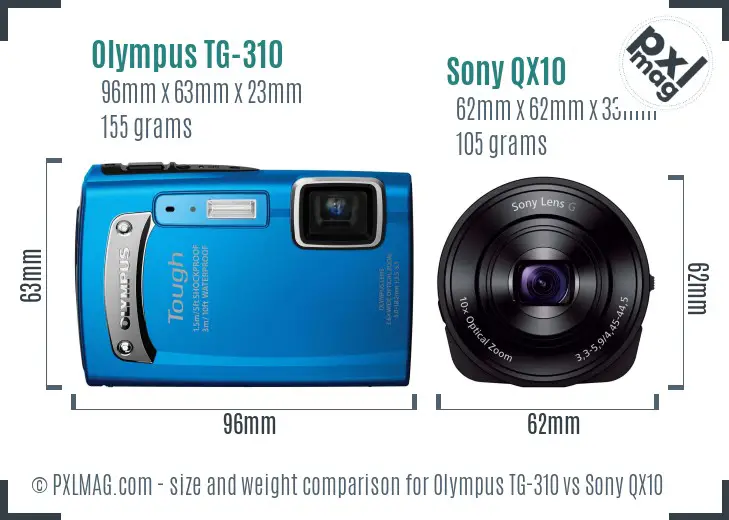 Olympus TG-310 vs Sony QX10 size comparison