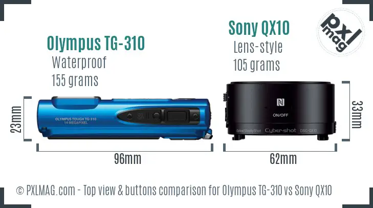 Olympus TG-310 vs Sony QX10 top view buttons comparison