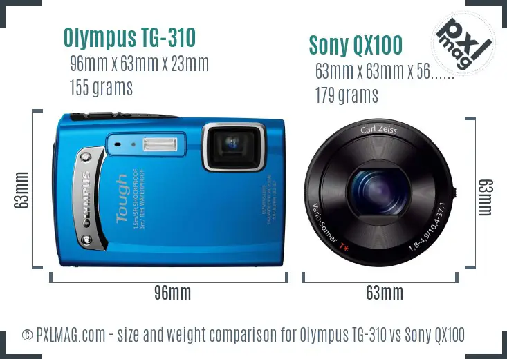 Olympus TG-310 vs Sony QX100 size comparison