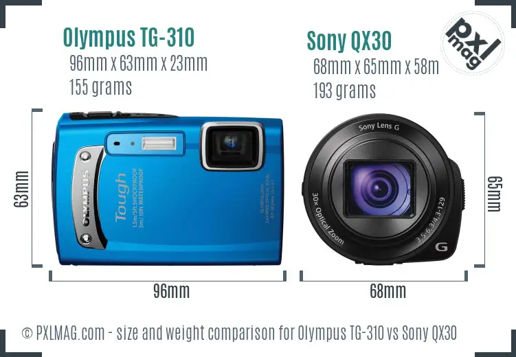 Olympus TG-310 vs Sony QX30 size comparison