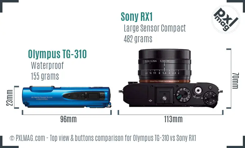 Olympus TG-310 vs Sony RX1 top view buttons comparison