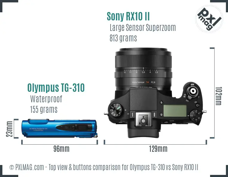 Olympus TG-310 vs Sony RX10 II top view buttons comparison