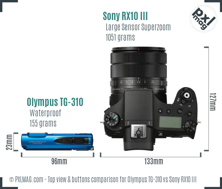 Olympus TG-310 vs Sony RX10 III top view buttons comparison