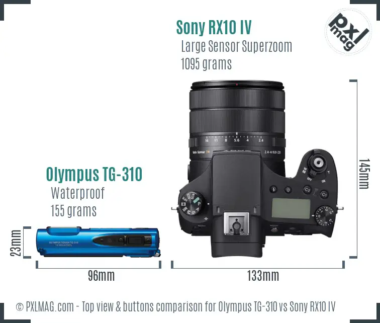 Olympus TG-310 vs Sony RX10 IV top view buttons comparison