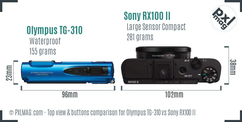 Olympus TG-310 vs Sony RX100 II top view buttons comparison