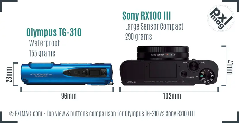 Olympus TG-310 vs Sony RX100 III top view buttons comparison