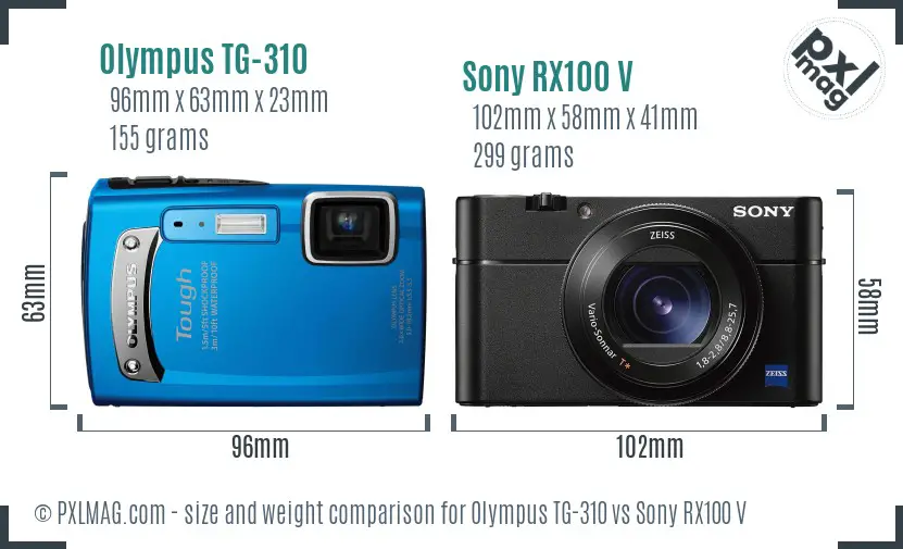 Olympus TG-310 vs Sony RX100 V size comparison