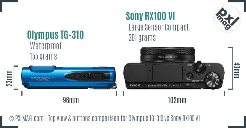 Olympus TG-310 vs Sony RX100 VI top view buttons comparison