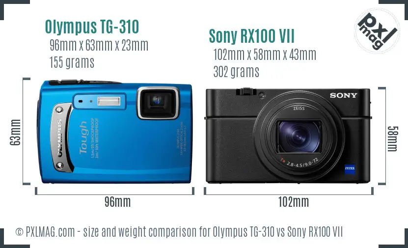 Olympus TG-310 vs Sony RX100 VII size comparison