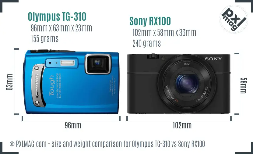 Olympus TG-310 vs Sony RX100 size comparison