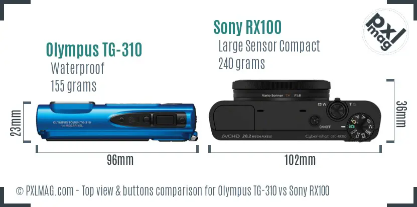 Olympus TG-310 vs Sony RX100 top view buttons comparison