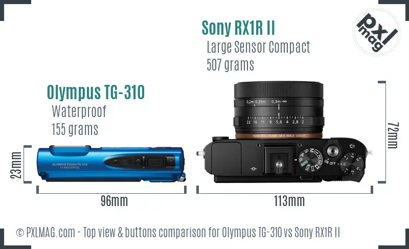 Olympus TG-310 vs Sony RX1R II top view buttons comparison