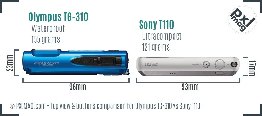 Olympus TG-310 vs Sony T110 top view buttons comparison