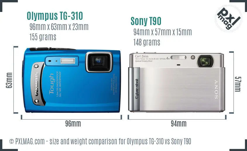 Olympus TG-310 vs Sony T90 size comparison