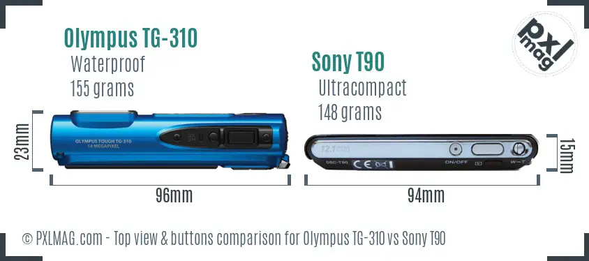 Olympus TG-310 vs Sony T90 top view buttons comparison