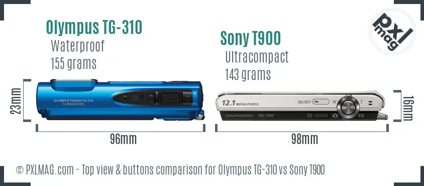 Olympus TG-310 vs Sony T900 top view buttons comparison Olympus TG-310 vs Sony T900 top view buttons comparison