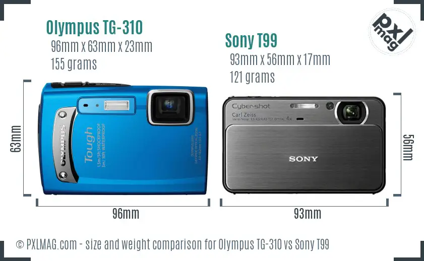 Olympus TG-310 vs Sony T99 size comparison