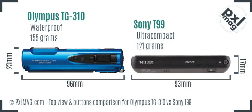 Olympus TG-310 vs Sony T99 top view buttons comparison