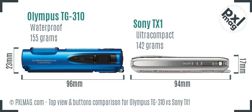 Olympus TG-310 vs Sony TX1 top view buttons comparison
