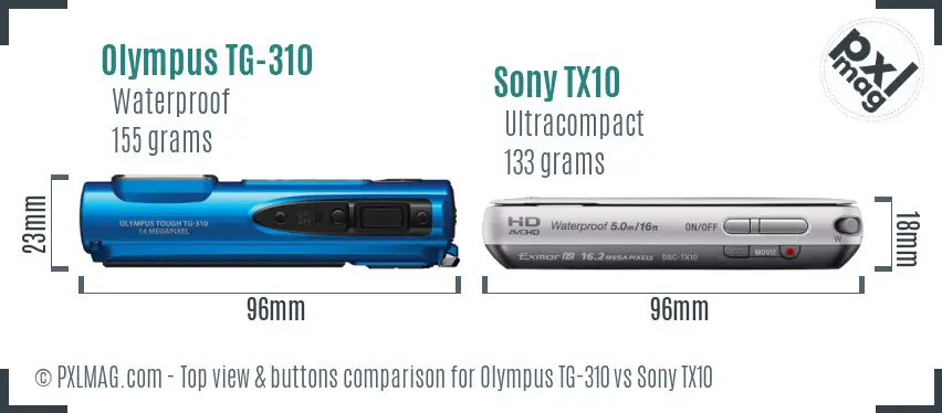 Olympus TG-310 vs Sony TX10 top view buttons comparison