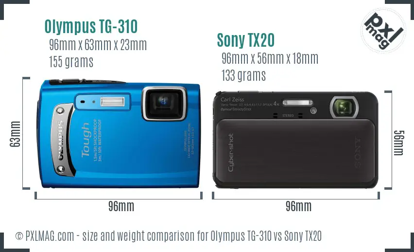 Olympus TG-310 vs Sony TX20 size comparison