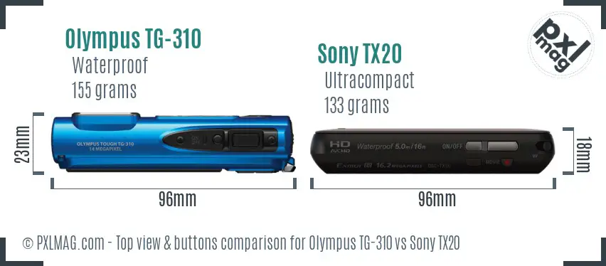 Olympus TG-310 vs Sony TX20 top view buttons comparison