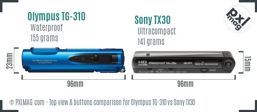 Olympus TG-310 vs Sony TX30 top view buttons comparison