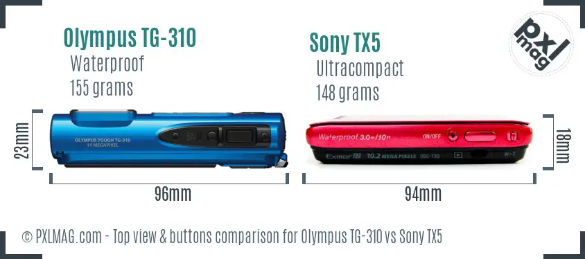 Olympus TG-310 vs Sony TX5 top view buttons comparison
