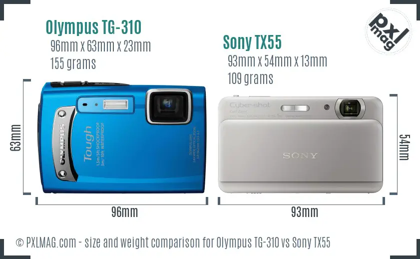 Olympus TG-310 vs Sony TX55 size comparison