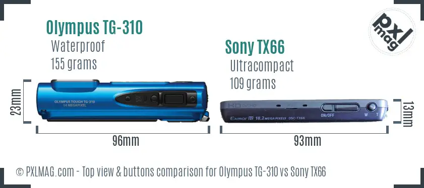 Olympus TG-310 vs Sony TX66 top view buttons comparison