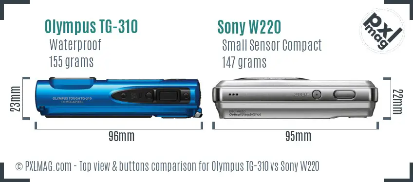 Olympus TG-310 vs Sony W220 top view buttons comparison