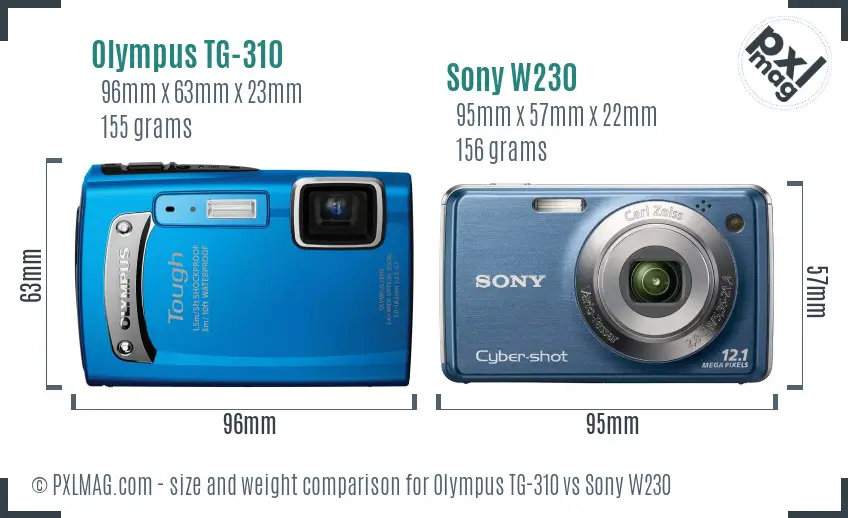 Olympus TG-310 vs Sony W230 size comparison