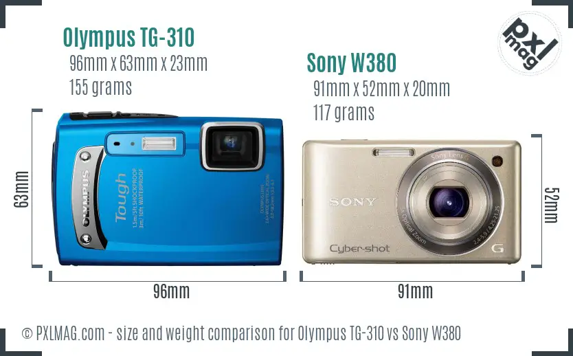 Olympus TG-310 vs Sony W380 size comparison