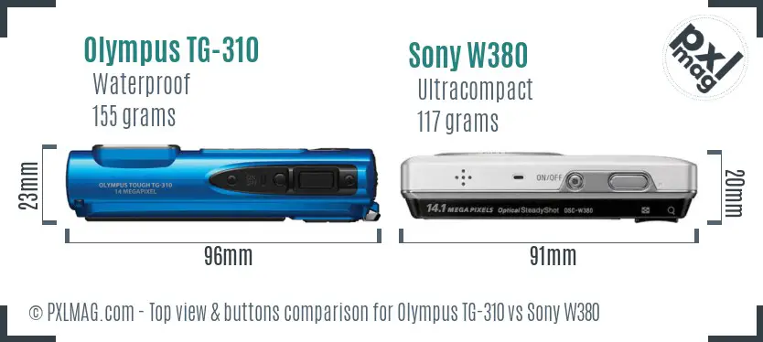 Olympus TG-310 vs Sony W380 top view buttons comparison