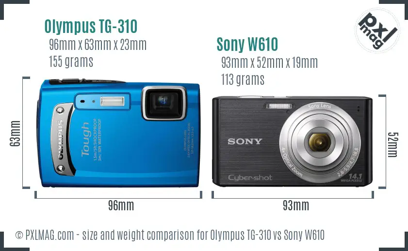 Olympus TG-310 vs Sony W610 size comparison