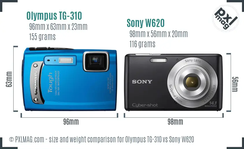 Olympus TG-310 vs Sony W620 size comparison
