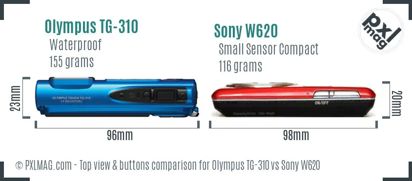 Olympus TG-310 vs Sony W620 top view buttons comparison
