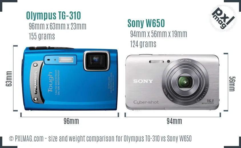 Olympus TG-310 vs Sony W650 size comparison